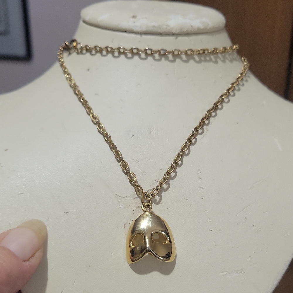 Gold Tone Mask Pendant Necklace 26"